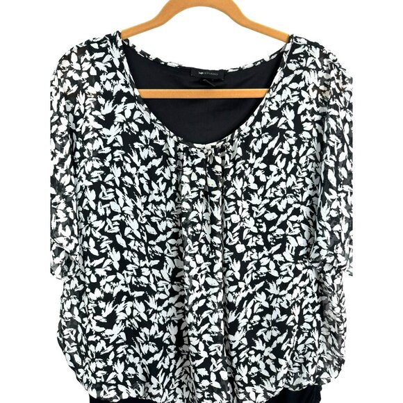 AB Studio Women's L Layered Chiffon Blouse with Floral Print Black & White - Picture 2 of 11